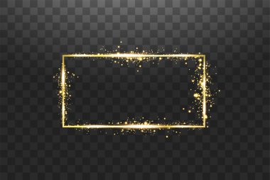 Işık efektli altın çerçeve. Parlak dikdörtgen pankart. Şeffaf arkaplanda izole edilmiş. Vektör illüstrasyonu
