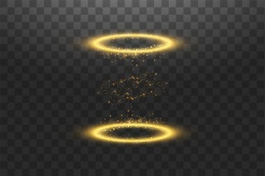 Fütürist ışınlanma. Sihirli fantezi kapısı. Işık etkisi. Şeffaf bir arkaplanda kıvılcımlar olan bir gece sahnesinin altın mumları. Kürsünün boş ışık efekti. Disko kulübü dans pisti.