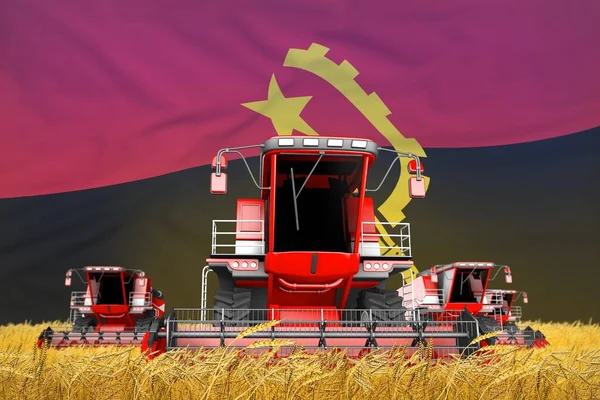 Bright Red Combine Harvesters Wheat Field Flag Background Angola Agriculture — Stock Photo, Image