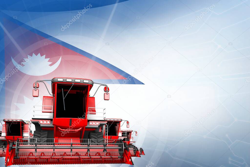 Digital industrial 3D illustration of 3 red modern rye combine harvesters on Nepal flag, farming equipment modernisation concept