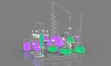 Nesnelerin 3 boyutlu çizimi - gri arka planda izole edilmiş yeşil ve pembe sıvılarla çeşitli bilimsel cam kaplamalı laboratuvar örnekleri - çalışma konsepti arka planı