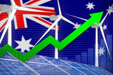 Avustralya güneş ve rüzgar enerjisi yükselen grafiği, ok yukarı - alternatif enerji endüstriyel illüstrasyon. 3B Görüntü