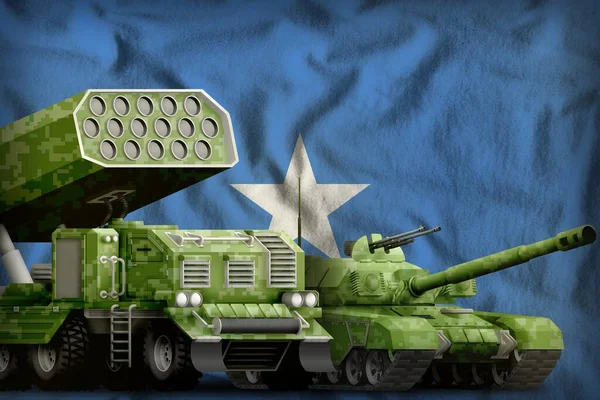 tank and missile launcher with summer pixel camouflage on the Somalia flag background. Somalia heavy military armored vehicles concept. 3d Illustration