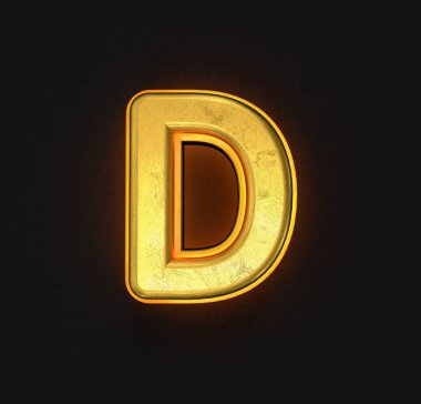 Turuncu çizgili ve arka ışıklandırmalı klasik altın metal yazı tipi. Siyah üzerine D harfi. Sembollerin 3 boyutlu çizimi.