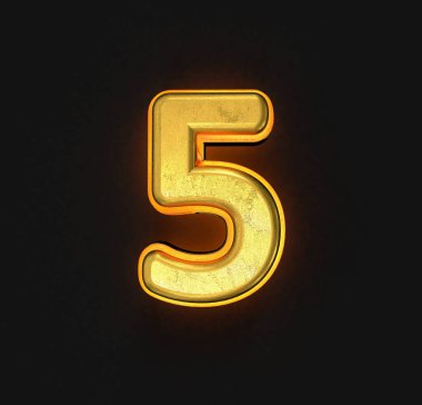 Sarı çizgili ve arka ışıklandırmalı eski altın metal yazı tipi - 5 numara siyah arkaplanda izole edilmiş, sembollerin 3 boyutlu çizimi