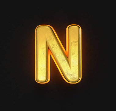 Sarı çizgili ve arka plan lambalı klasik altın metal yazı tipi - N harfi siyah arkaplanda izole edilmiş, sembollerin 3 boyutlu illüstrasyonu