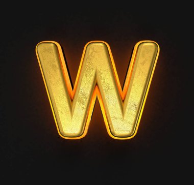 Sarı çizgili ve arkaplan ışığıyla yaşlanmış altın fırfırlı alfabe - siyah arkaplanda W harfi, sembollerin 3 boyutlu çizimi