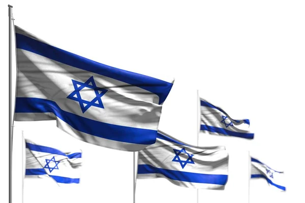 Wunderbare Fünf Flaggen Israels Werden Isoliert Auf Weiß Geschwenkt Bild — Stockfoto