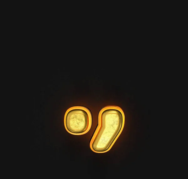 vintage gold brassy font with yellow outline and backlight - period (full stop) and comma isolated on black background, 3D illustration of symbols