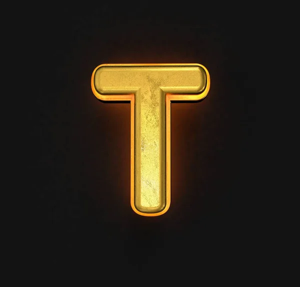 黄色のアウトラインとバックライトを持つ高齢者の金の金属アルファベット 文字Tは黒の背景に隔離され シンボルの3Dイラスト — ストック写真