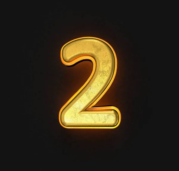 オレンジ色の輪郭とバックライトを持つヴィンテージゴールドの金属アルファベット 数2黒で隔離され シンボルの3Dイラスト — ストック写真