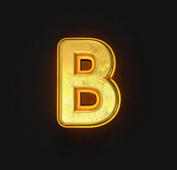 带有橙色轮廓和背光字母B的古老的金金属字体 用黑色隔开的字母B 符号的三维插图 — 图库照片