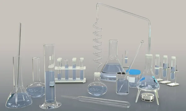 Иллюстрация Объектов Лабораторные Пробирки Различными Научными Стеклянными Приборами Водой Сером — стоковое фото