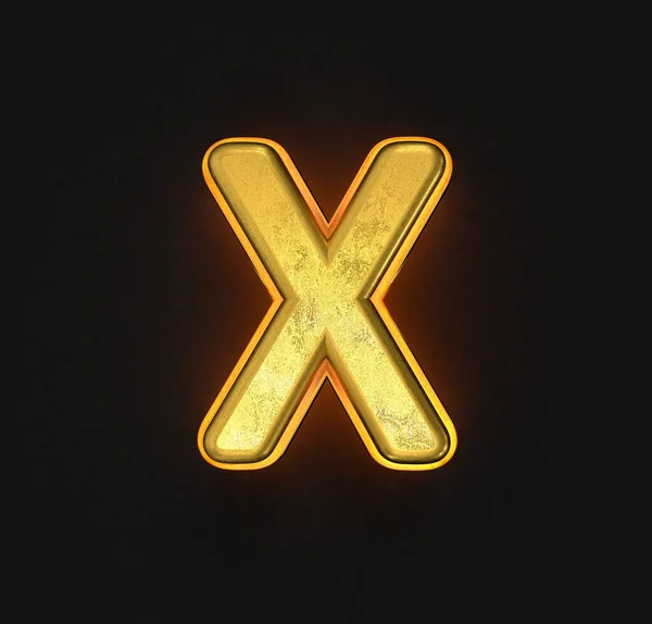 黄色のアウトラインとバックライト付きの古い金の金属フォント 文字Xは黒の背景に隔離され シンボルの3Dイラスト — ストック写真