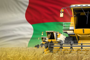 Tahıl tarlasında Madagaskar bayraklı 3 sarı modern hasat makinası - yakın görüş, tarım kavramı - endüstriyel 3D illüstrasyon