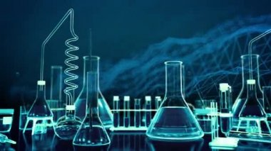 İspatlar ve diğer laboratuvar cam parşömenleri dijital efektlerle renksiz zemin, modern parfüm endüstrisi konsepti - 60FPS 4K UHD 3D çevrilebilir animasyon