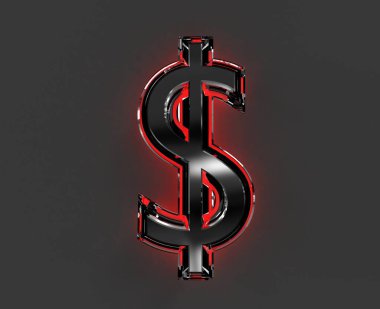 Parlak kırmızı camlı gri metalik yazı tipi anahatlar çiziyor - dolar - pezo işareti gri üzerine izole edilmiş, sembollerin 3 boyutlu çizimi
