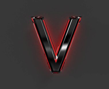 Kırmızı parlak camsı dış hatlı gri metal yazı tipi. Gri renkli V harfi. Sembollerin 3 boyutlu çizimi.