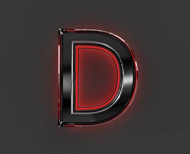 Gri metal yazı tipi, kırmızı parlak camsı dış hatlı - Gri arkaplanda D harfi, sembollerin 3 boyutlu çizimi