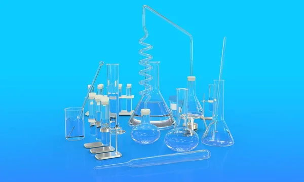Ilustrace Objektů Laboratorní Korektury Různými Biochemickými Skly Vodou Izolovanou Modrém — Stock fotografie