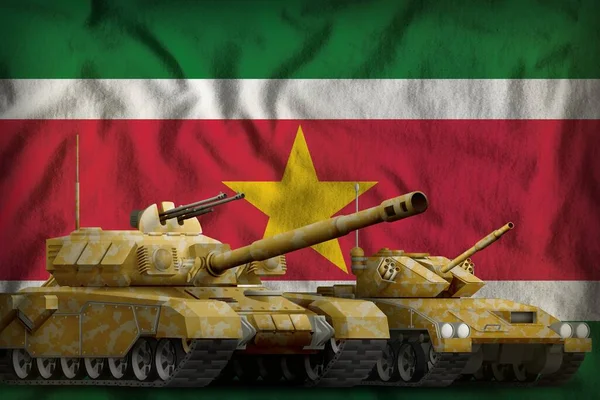 Tanky Oranžovou Kamufláží Pozadí Vlajky Surinamu Koncept Surinam Tankových Sil — Stock fotografie