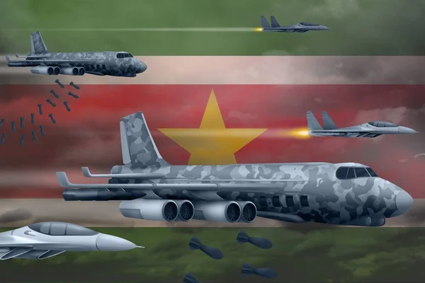 苏里南轰炸空袭的概念 现代苏里南战斗机在国旗背景下轰炸 3D说明 — 图库照片