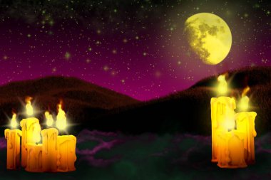 Cadılar Bayramı çok renkli gece dokusu - sol tarafta mum seti ve sağ tarafta birçok mum, kutlama konsepti - arka plan tasarımı 3 boyutlu tasarım