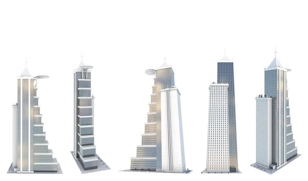 Renders Fictional Design Skyscrapers Helipad Roof Blue Sky Reflection Isolated — Stock Photo, Image