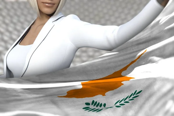 Wanita Bisnis Lucu Memegang Bendera Siprus Depannya Latar Belakang Arsitektur — Stok Foto