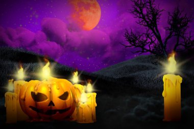 Cadılar Bayramı çok renkli karanlık gece dokusu - arka plan tasarım şablonu sol tarafında balkabağı mumu ve sağ tarafında yalnız mum, kutlama konsepti