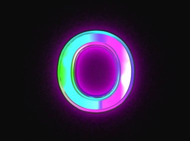 Renkli dikroik cam alfabe - koyu arkaplanda O harfi, sembollerin 3 boyutlu çizimi