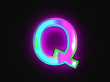 Renkli dikroik cam alfabe - Q harfi koyu arkaplanda izole edilmiş, sembollerin 3 boyutlu çizimi