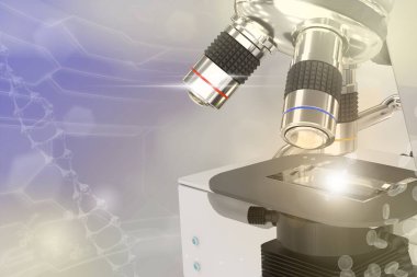 Tıbbi analiz konsepti, laboratuvar yüksek teknolojili mikroskobun renkli arka planda parlayan üç boyutlu tıbbi illüstrasyonu