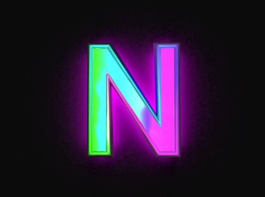 Renkli dikroik cam yazı tipi - N harfi koyu arkaplanda izole edilmiş, sembollerin 3 boyutlu çizimi