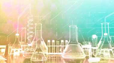 Laboratuvar test tüpleri ve diğer çeşitli cam eşyalar - dijital tarz parfüm konsepti veya tıbbi arka plan, nesnelerin 3 boyutlu çizimi