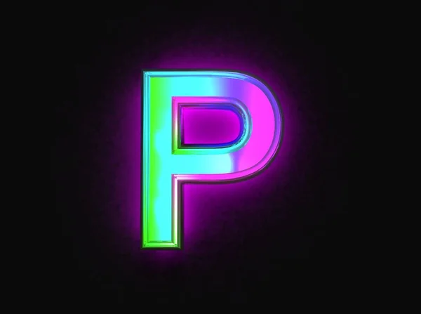カラフルな二色のガラスフォント 文字Pは暗い上に隔離され シンボルの3Dイラスト — ストック写真