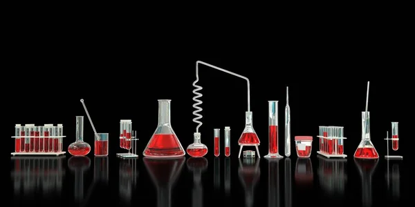 3D illustration of objects - Line of lab test-tubes with various microbiology glassware with red liquid (blood test samples) on black background - university concept background