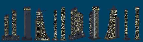 3D的建筑图解 不同的虚构建筑在黄昏时与发光的灯光 隔离在深蓝色 顶部视图 — 图库照片