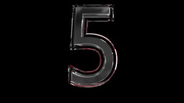 Katı cam yazı tipi veya alfabe kırmızı taslağı ve mücevher veya mücevher kavramsal videolarınızda yer alan kelimeler için hareketli yansıma - siyah arkaplan üzerinde izole edilmiş 5 numara, 60FPS 4K UHD 3D animasyon