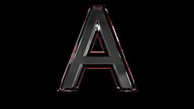 Katı cam yazı tipi veya alfabe kırmızı taslağı ve mücevher veya mücevher kavramsal videolarınızda yer alan kelimeler için hareketli yansıma - siyah arkaplan üzerinde izole edilmiş harf, 60FPS 4K UHD 3D animasyon