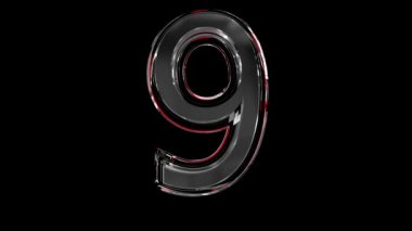 Katı cam yazı tipi veya alfabe kırmızı taslağı ve mücevher ya da kavramsal videolarınızda yer alan kelimeler için hareketli yansıma - siyah arkaplan üzerinde izole edilmiş 9 numara, 60FPS 4K UHD 3D animasyon