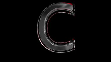 Katı cam yazı tipi veya alfabe kırmızı taslağı ve mücevher veya mücevher kavramsal videolarınızda yer alan kelimeler için hareketli yansıma - siyah arkaplan üzerinde izole C harfi, 60FPS 4K UHD 3D animasyon