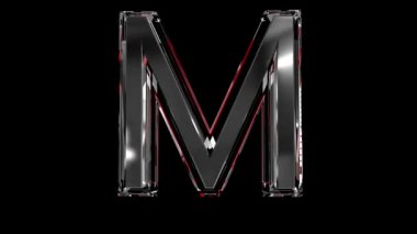 Katı cam yazı tipi veya alfabe kırmızı taslağı ve mücevher veya mücevher kavramsal videolarınızda yer alan kelimeler için hareketli yansıma - siyah arkaplanda izole edilmiş M harfi, 60FPS 4K UHD 3D animasyonu