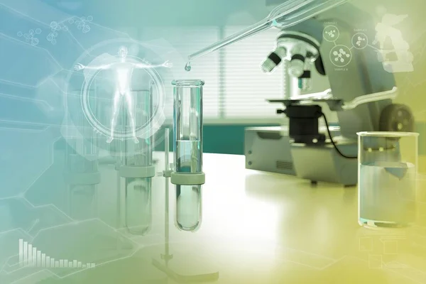 medical study texture or background, vivid conceptual medical 3D illustration - test-tubes and microscope in office