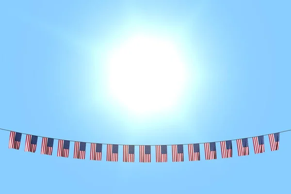 Mavi Gökyüzü Arka Planında Asılı Bir Sürü Amerikan Bayrağı Bayrağı — Stok fotoğraf