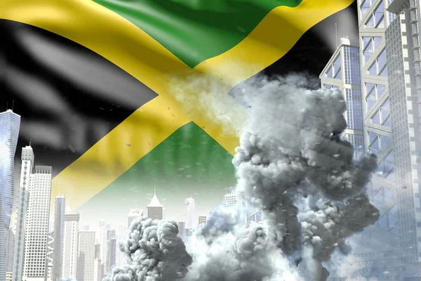big smoke column in the modern city - concept of industrial explosion or terrorist act on Jamaica flag background, industrial 3D illustration
