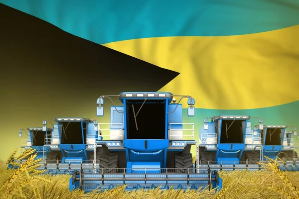 Industriell Illustration Många Blå Jordbruk Skördetröskor Vetefält Med Bahamas Flagga — Stockfoto