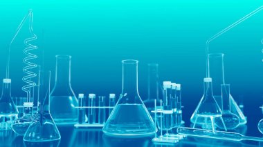 Laboratuvar kanıtları ve diğer çeşitli cam eşyalar - tıp konsepti veya tıbbi arka plan, nesnelerin 3 boyutlu çizimi
