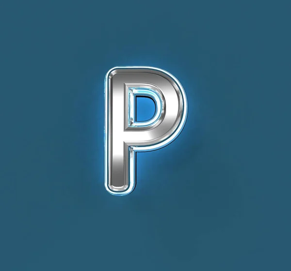 ホワイトアウトラインとブルーバックライト付きスチールメタルアルファベット 文字Pは青の背景に隔離され シンボルの3Dイラスト — ストック写真