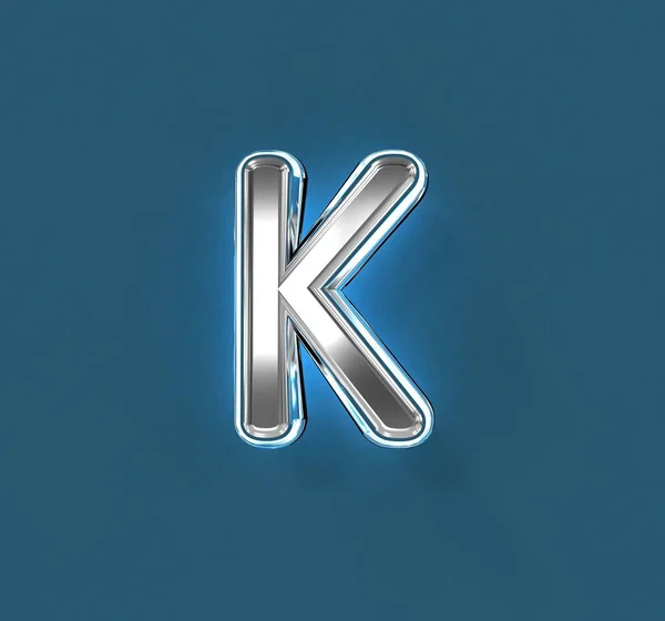 ホワイトアウトラインとブルーバックライト付きスチールメタルフォント 文字Kは青の背景に隔離され シンボルの3Dイラスト — ストック写真